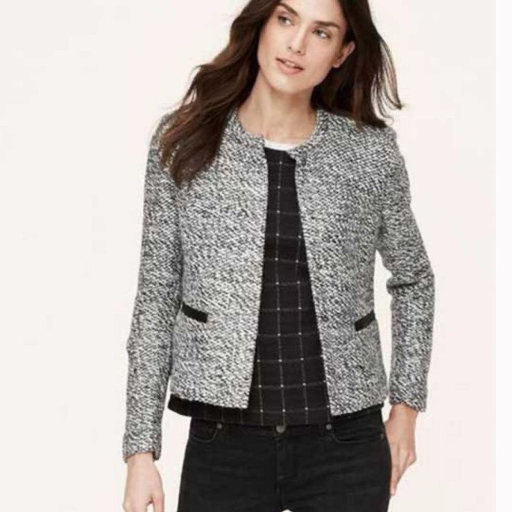 LOFT Black and White Marbled Knit Blazer with Faux Leather Detail
